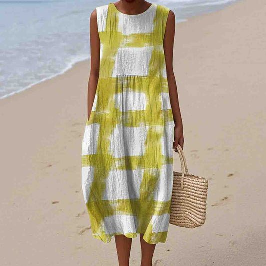 Comstylish Women's Brushstroke Print Sleeveless Cotton Dress