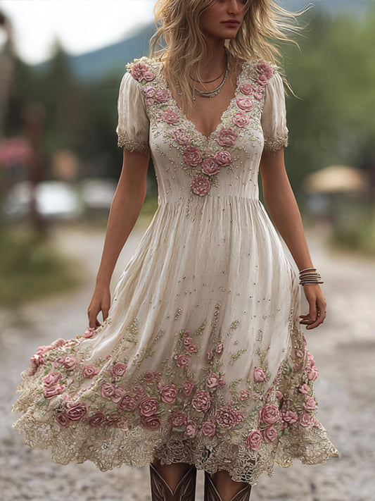 Ladies' Pink Flower Vintage White Linen Vintage V-neck Short-sleeved Long Dress elevenforest