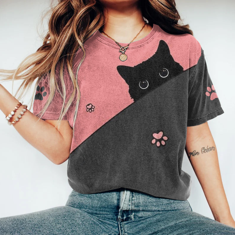 Abstract Creative Cute Black Cat Print Cotton Graphic T-Shirt elevenforest