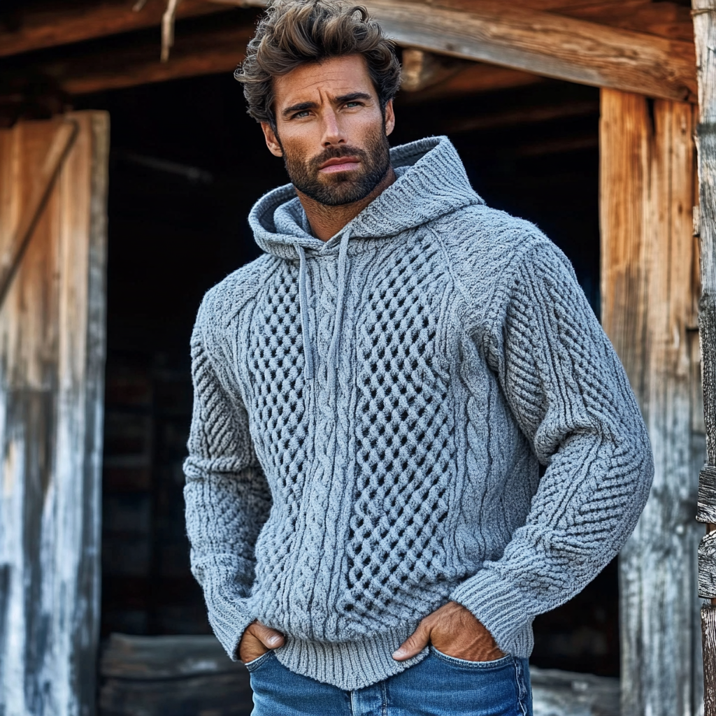 Men'S Waffle Knit Pattern Hooded Sweater elevenforest