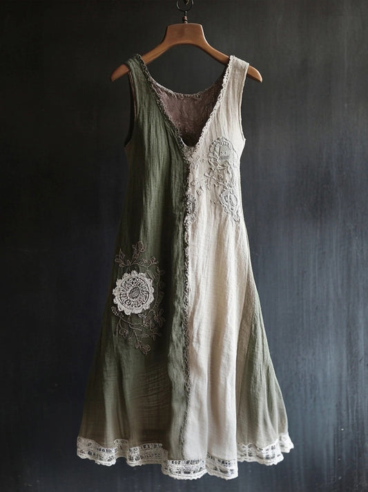 Vintage Lace Patchwork V Neck Linen Tank Dress elevenforest