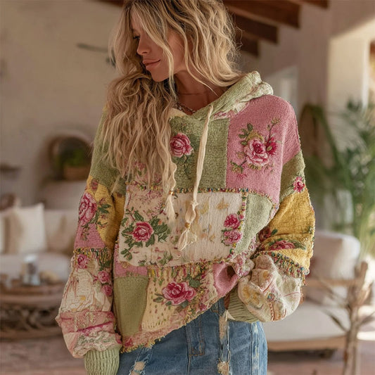 Women's Vintage Floral Patchwork Art Knit Jacquard Hooded Sweater elevenforest
