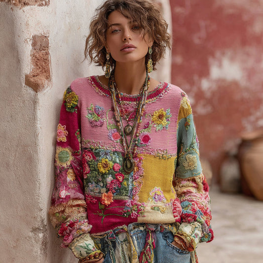 Women's Floral Embroidery Patchwork Art Pullover Cozy Knit Sweater elevenforest