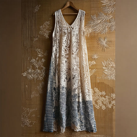 Japanese Waves Patchwork Hollow Lace Maxi Tank Dress elevenforest