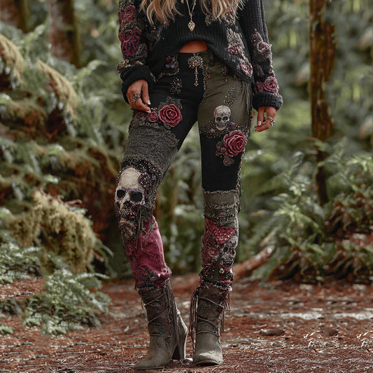 Rose Skull Gothic Patchwork Rock Leggings elevenforest