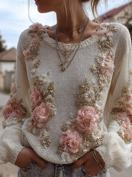 Women's Spring Flower Three-dimensional Embroidery Round Neck Sweater elevenforest