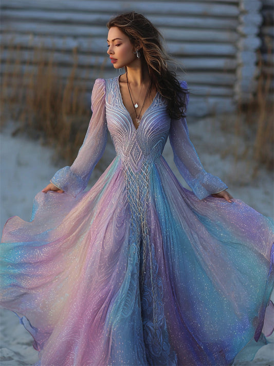 Vintage Elegant Opal Glitter Gradient Celtic Flowy Maxi Dress elevenforest
