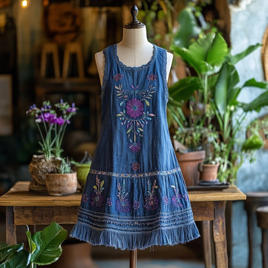 Vintage Bohemian Floral Embroidery Linen Mini Dress elevenforest