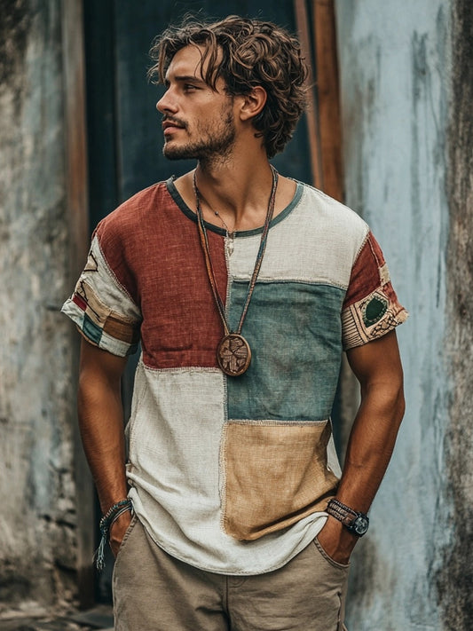 Men's Retro Patchwork Short Sleeve Linen T Shirt elevenforest