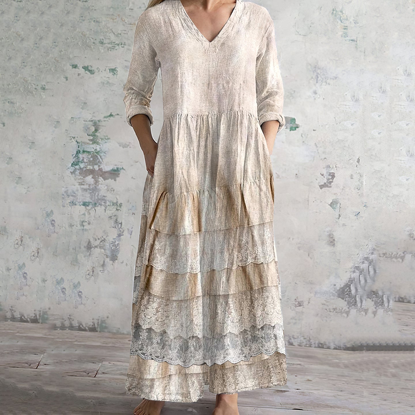 Comstylish Vintage Embroidered Lace Art Women's Linen Dress