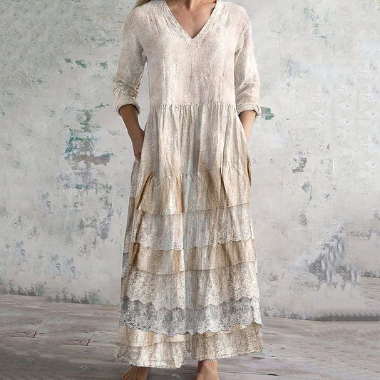 Comstylish Vintage Embroidered Lace Art Women's Linen Dress