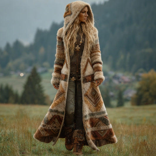 Vintage Navajo Geometric Pattern Plush Hooded Coat elevenforest