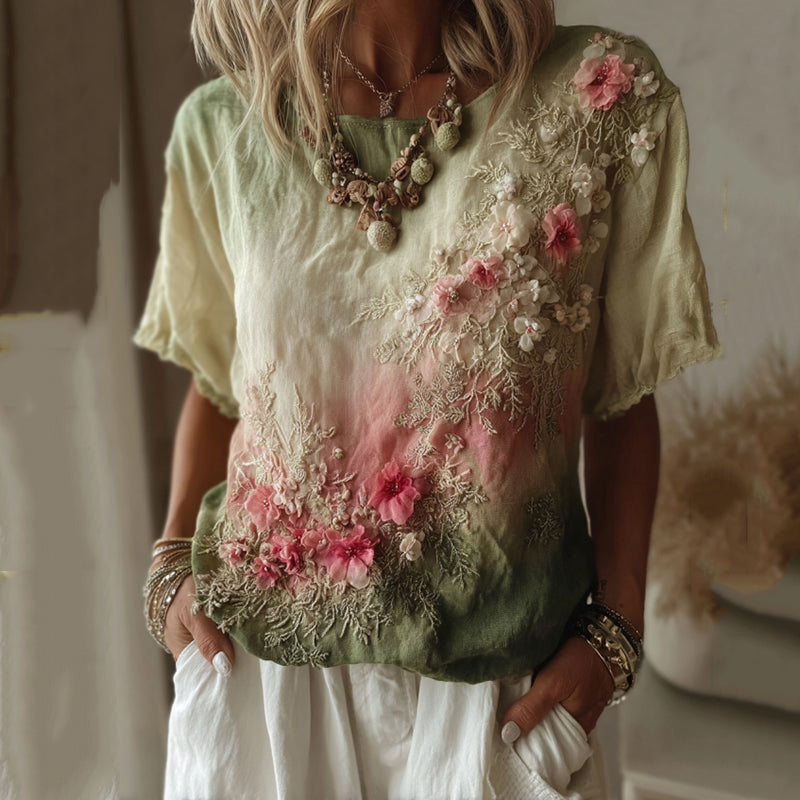 Vintage Floral Gradient Pattern Linen Comfy T-shirt elevenforest
