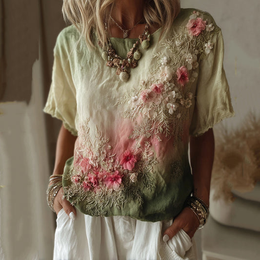 Vintage Floral Gradient Pattern Linen Comfy T-shirt elevenforest