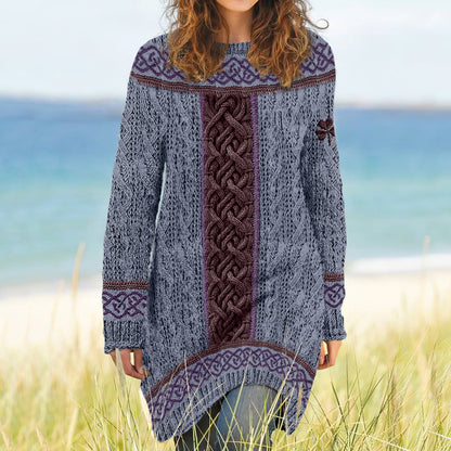 Women's Irish Celtic Knotted Shamrock Contrast Jacquard Sweater Dress elevenforest