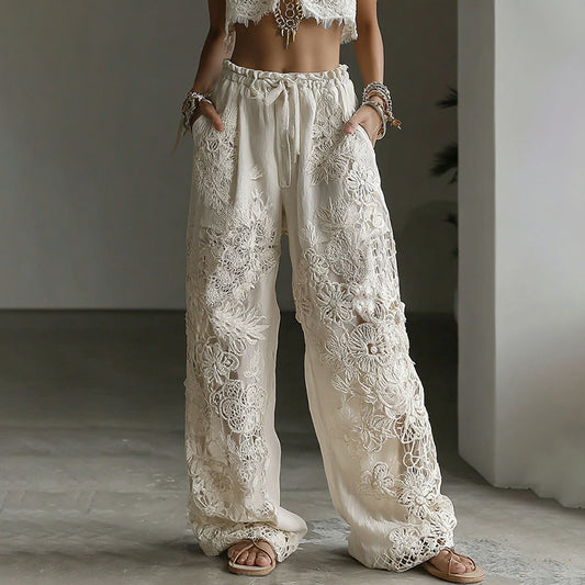 Women's Retro Floral Lace Patchwork Art Pocket Linen Pants elevenforest