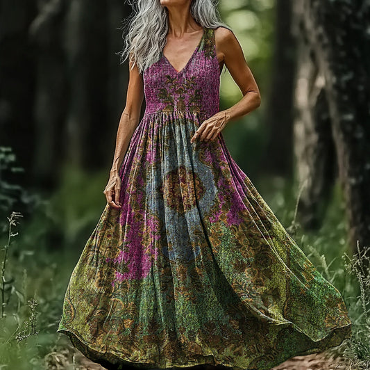 Women's Ethnic Floral V-neck Sleeveless Cotton Dress elevenforest