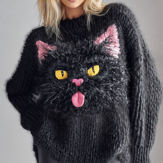 Women's National Black Cat Day Cute Black Cat Art Knitted Warm Sweater elevenforest