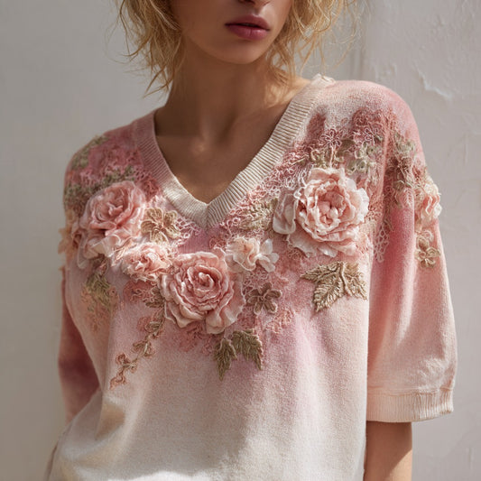 Women's Fashion Rose Embroidery Gradient Cotton V Neck T-shirt elevenforest
