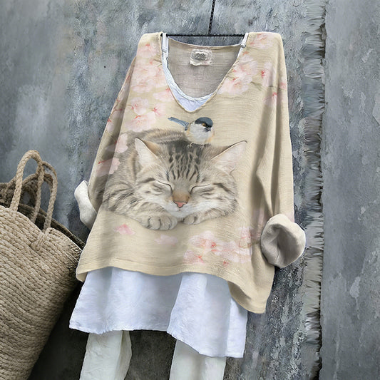 Comstylish Women's Cute Cat With Cherry Blossoms Ink Art V-neck Linen Blend T-shirt