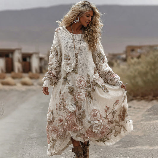 Women's Vintage Romantic White Rose Embroidery Art Comfy Sweater Dress elevenforest