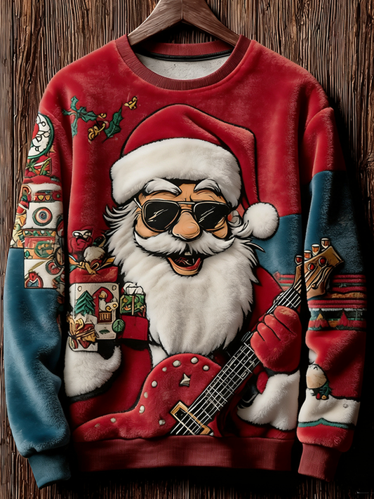 Retro Rock Santa Claus Pattern Printed Men's Flannel Sweatshirt elevenforest