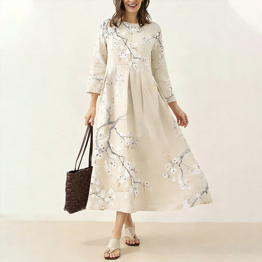 Comstylish Japanese Retro Cherry Blossom Print Art Comfy Maxi Dress