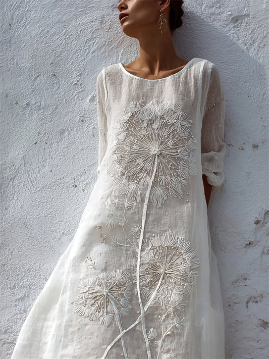 Vintage Classy Dandelion Embroidered Flowy Linen Maxi Dress elevenforest