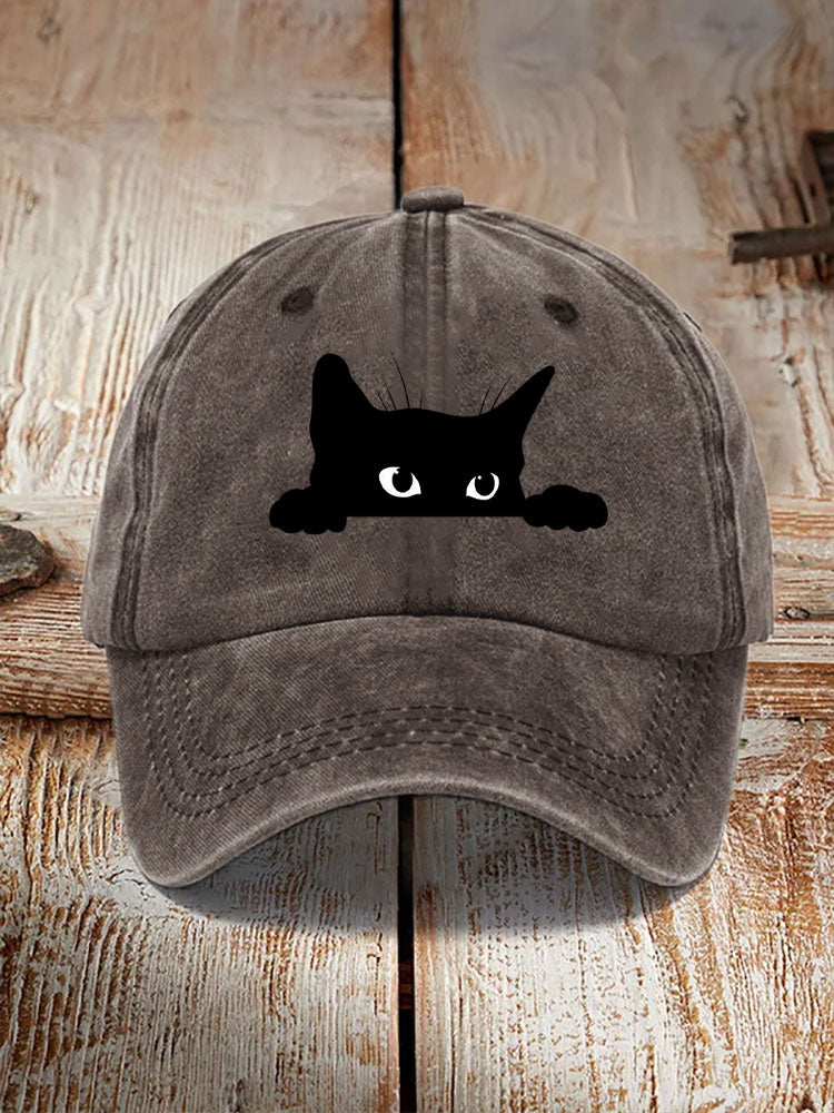 Unisex Washed Cotton Bend Casual Black Cat Print Hat elevenforest