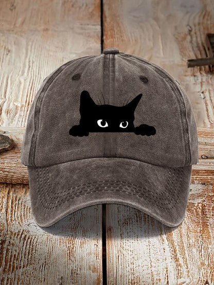 Unisex Washed Cotton Bend Casual Black Cat Print Hat elevenforest