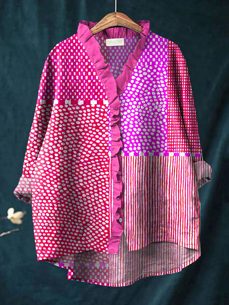 Polka Dot & Striped Print Linen Blend Shirt elevenforest