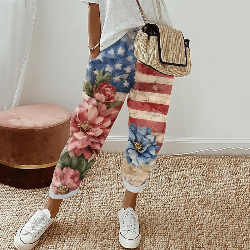 Women's Independence Day Floral Print Cotton And Linen Pocket Pants elevenforest