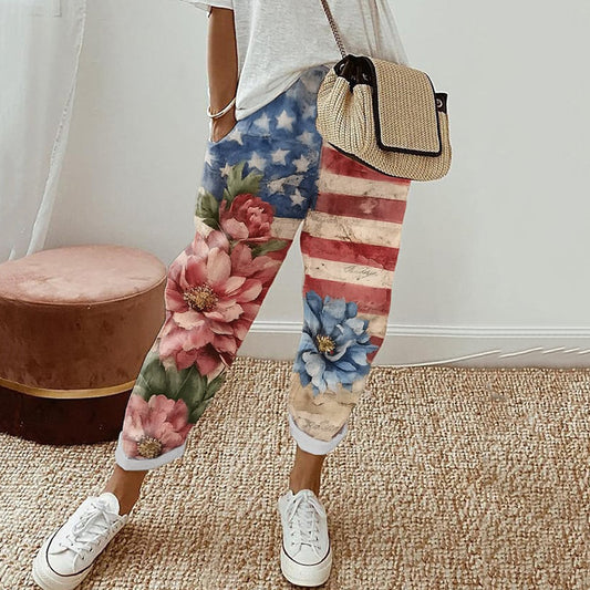 Women's Independence Day Floral Print Cotton And Linen Pocket Pants elevenforest