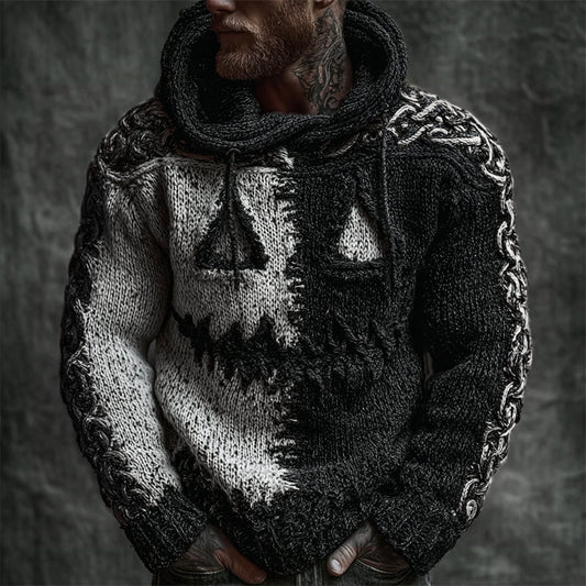 Men's Halloween Pumpkin Face Contrast Stitched Cozy Knit Hooded Sweater artswardrobe