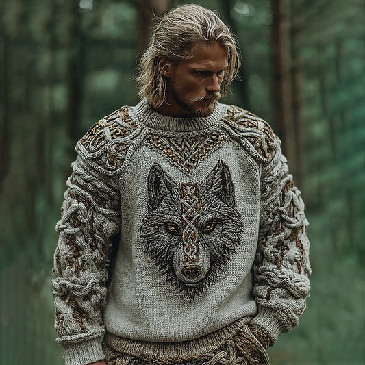 Men's Vintage Viking Wolf Pattern Knit Pullover Sweater artswardrobe