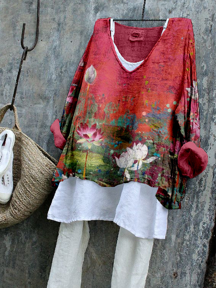 Comstylish Vintage Lotus Flower Art Linen Blend Cozy Tunic