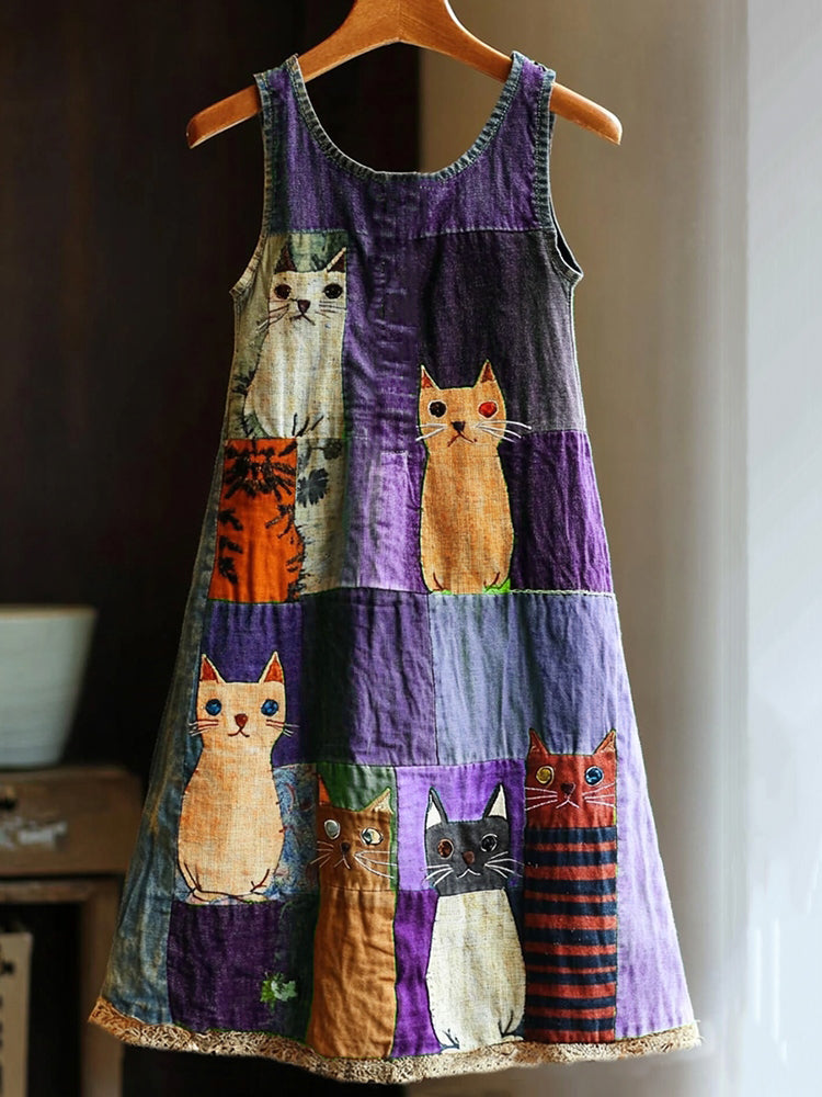Casual Pop Art Patchwork Denim Cat Dress elevenforest