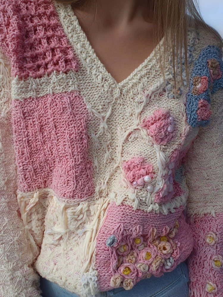 Vintage Pink Crochet Patchwork V Neck Cozy Knit Sweater elevenforest