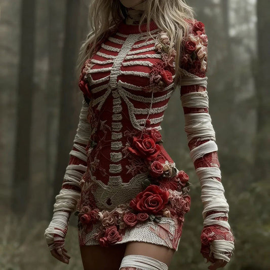 Comstylish Women's Vintage Red Rose Skeleton Art Cozy Knit Mini Sweater Dress