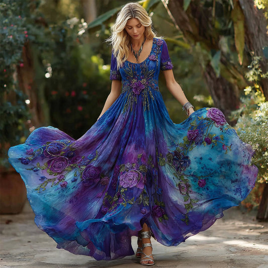 Women's Retro Purple Rose Gradient Pattern Short-sleeved Dress elevenforest
