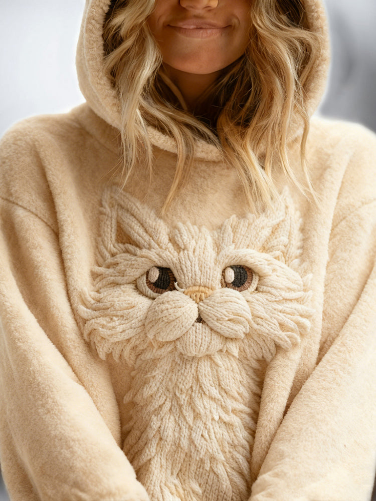 Cute Fuzzy Cat Embroidered Cozy Plush Hoodie elevenforest