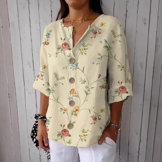 Women's Vintage Floral Art Linen Blend Casual Shirt elevenforest
