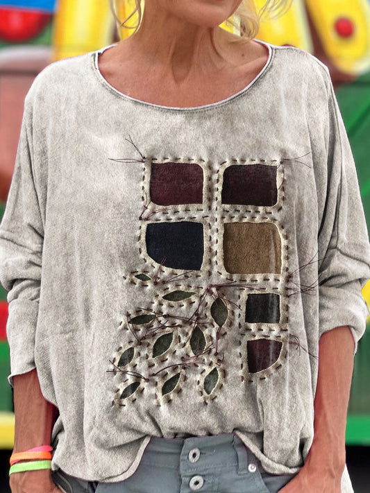 Women's Vintage Ethnic Patchwork Art Print Casual Long Sleeve Top