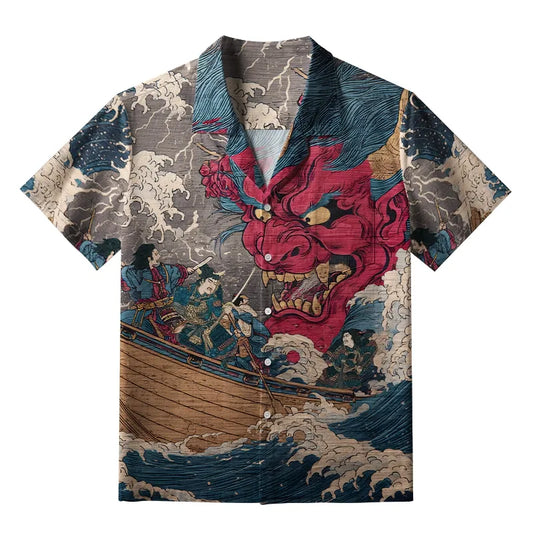 Demon And Samurai At Sea Aloha Hawaiian Shirt elevenforest