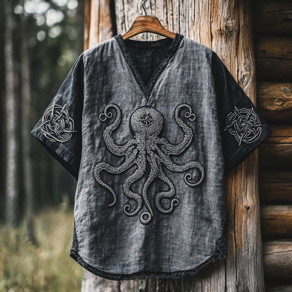 Retro Viking Crusoe Octopus Art Linen Blend V-neck T-shirt elevenforest