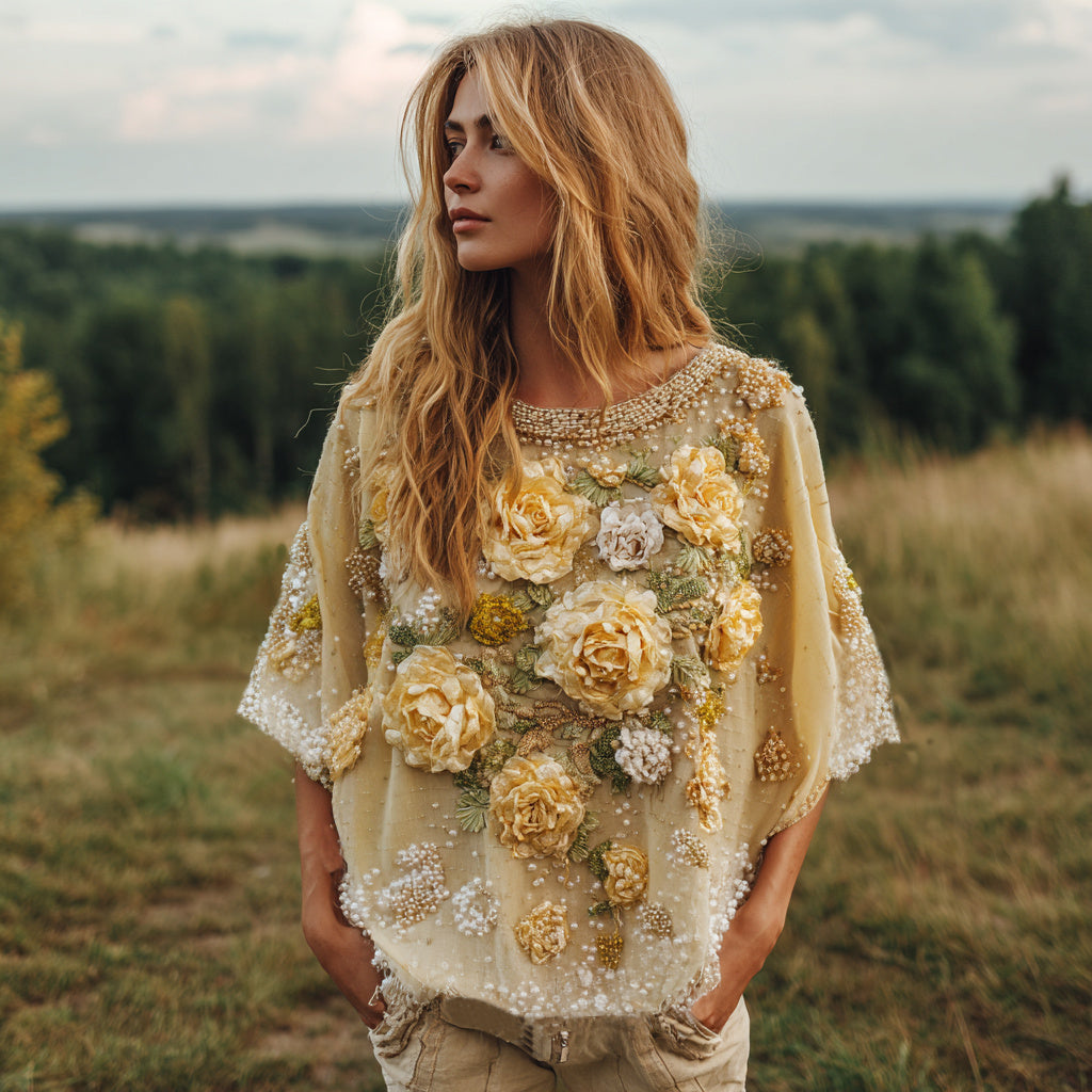 Women's Bohemian Yellow Floral Embroidery Art Linen Blend T-shirt elevenforest