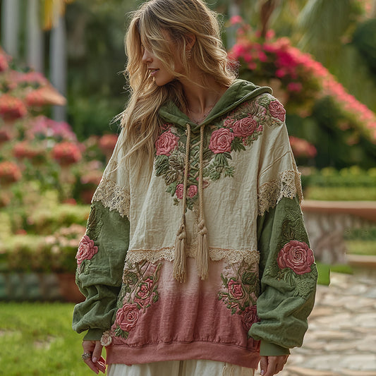Women's Retro Floral Patch Art Comfortable Warm Hoodie elevenforest