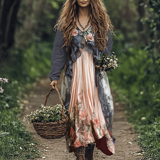 Vintage Floral Print Loose Midi Dress elevenforest