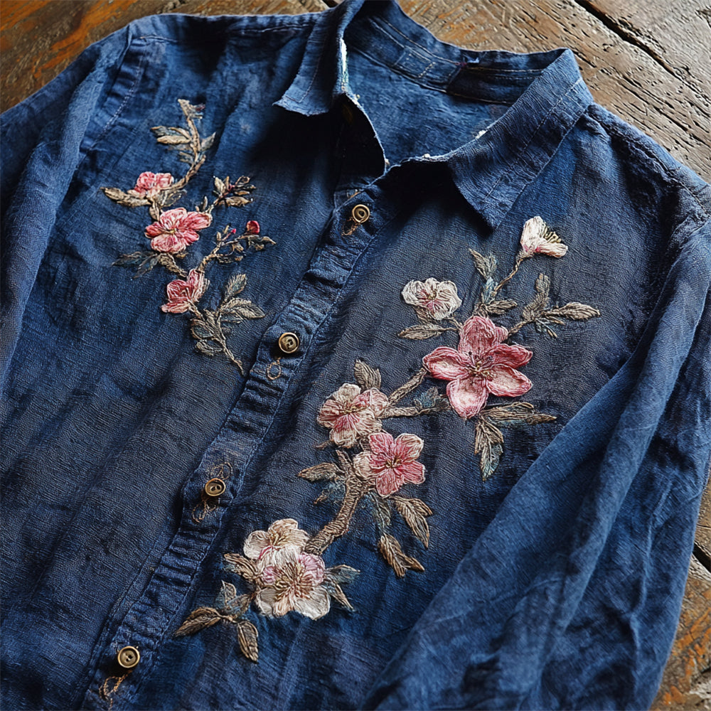 Boho Flower Embroidered Men's Linen Long Sleeve Shirt elevenforest