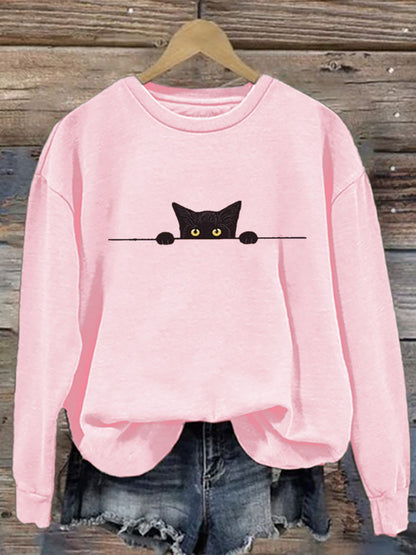 Women's Casual Funny Black Cat Print Sweatshirt elevenforest